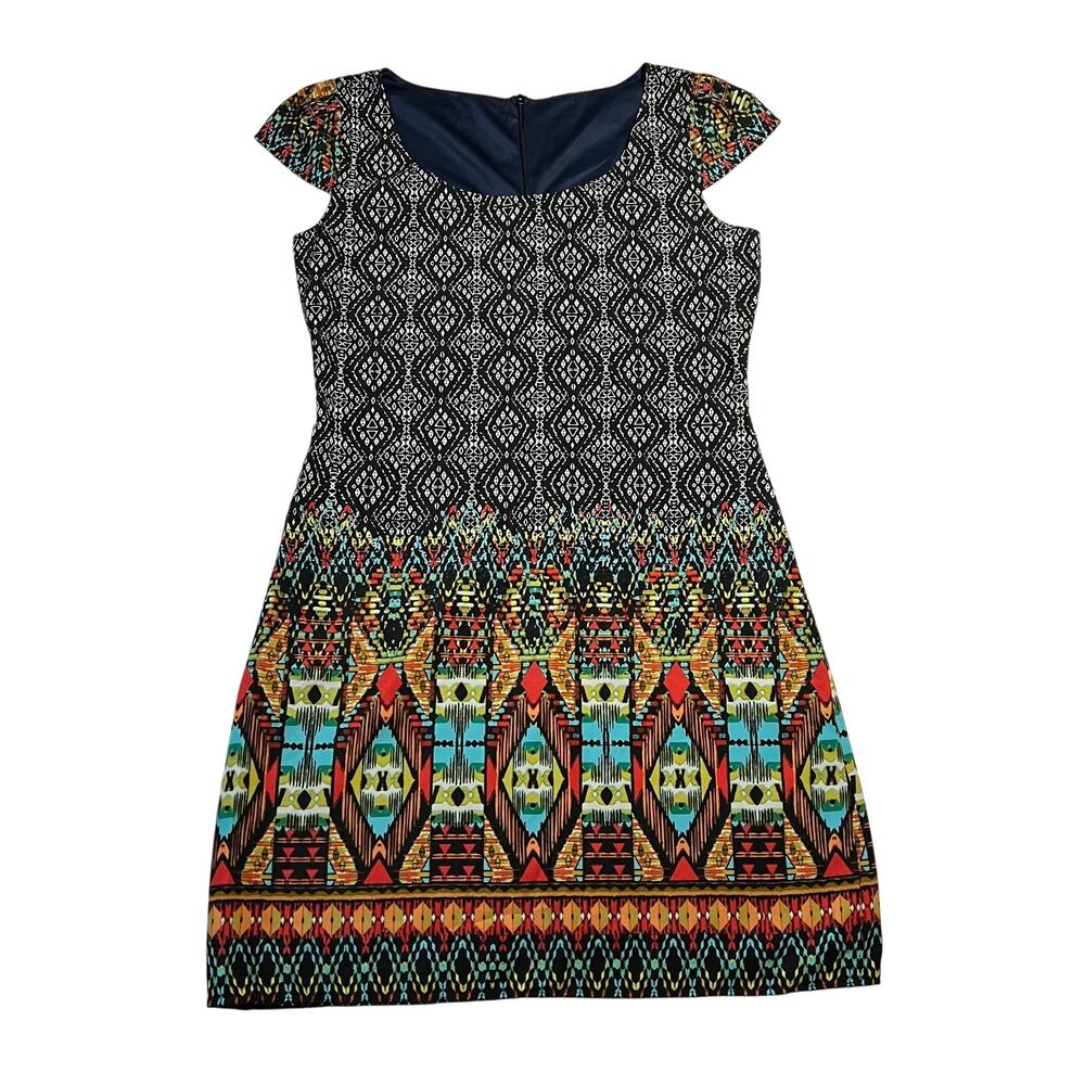 Women's Cap Sleeve Scoop Neck Boho Tribal Print Dress Size S Colorful Party